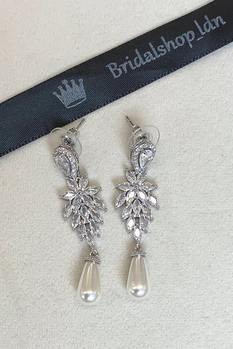 MIA CRYSTAL LEAF PEARL DROP EARRINGS