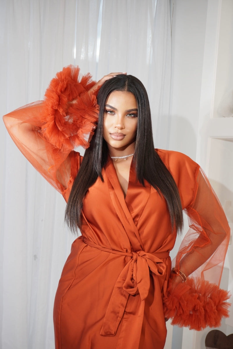 burnt orange satin wrap dress Burnt Orange Satin Midi Dress self-portrait-US